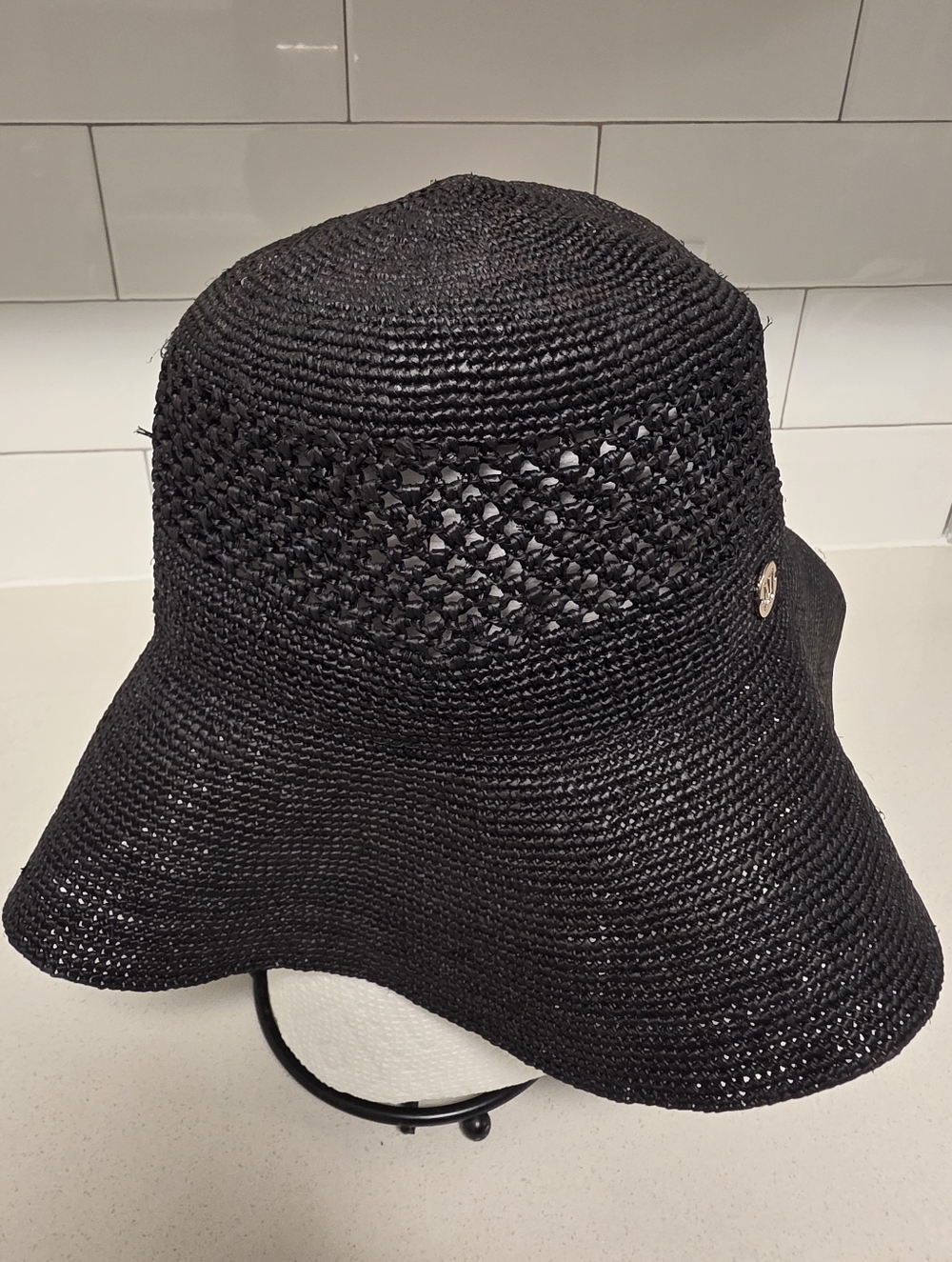 Bruno Magli Black Crochet Floppy Sun Hat